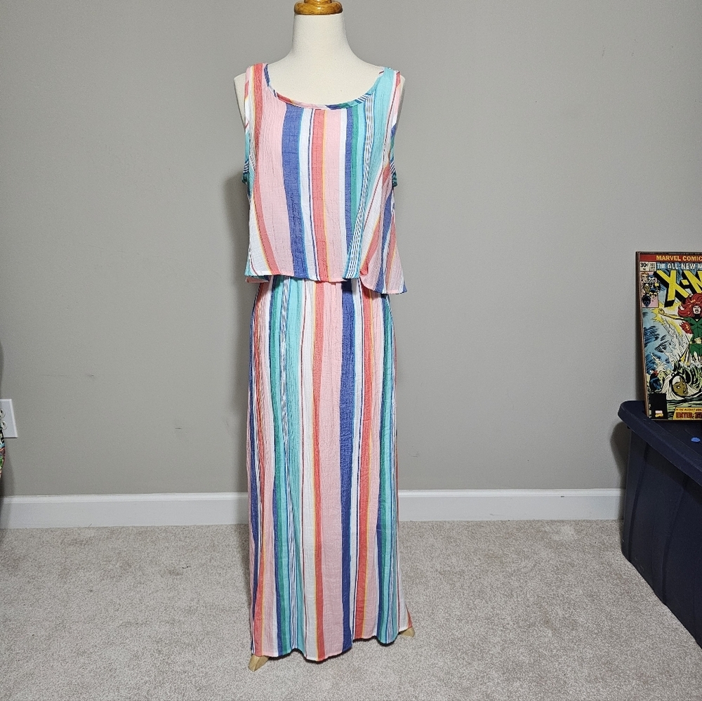 Robert Louis Pastel Striped Boho Maxi Dress Large